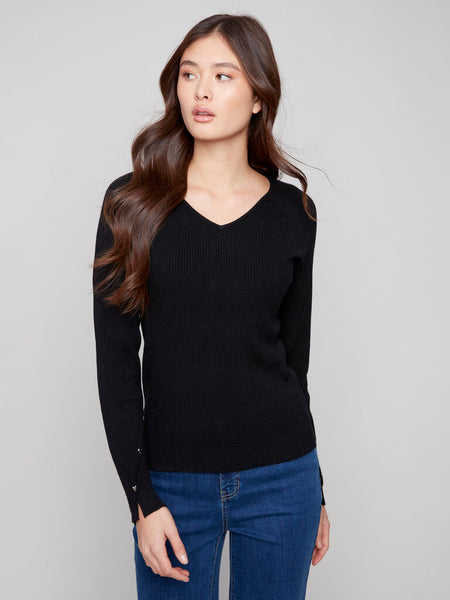Charlie B Ribbed V-Neck Sweater With Heart Rivets - Black