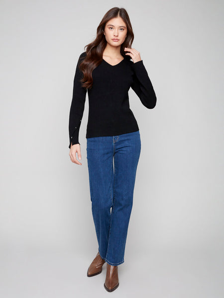 Charlie B Ribbed V-Neck Sweater With Heart Rivets - Black