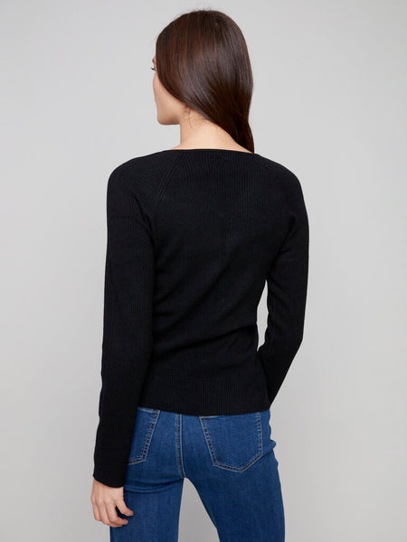 Charlie B Ribbed V-Neck Sweater With Heart Rivets - Black