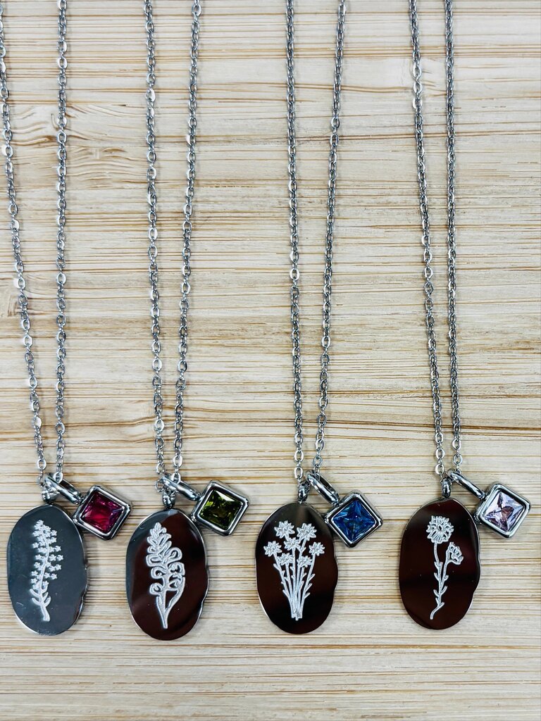 Kristen Lee Engraved Birth Flower Necklace - Silver with Charm
