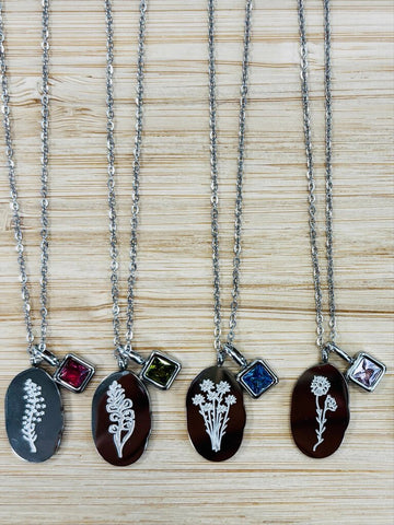 Kristen Lee Engraved Birth Flower Necklace - Silver with Charm
