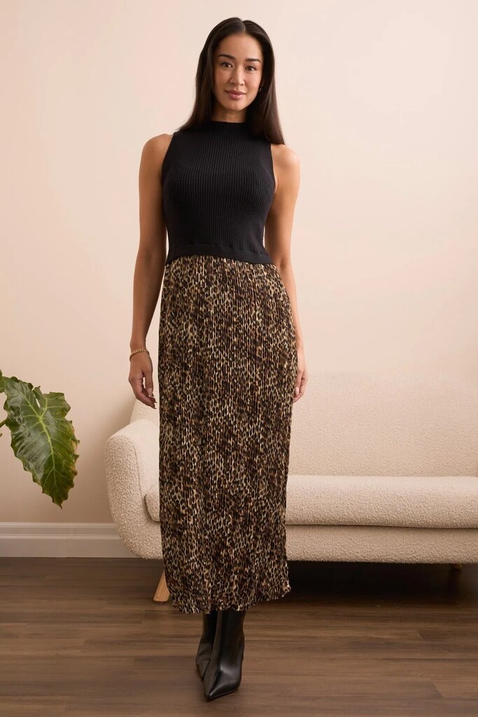 Tribal Black Sleeveless Twofer Maxi Dress - Leopard