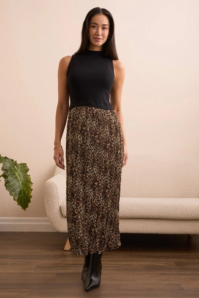 Tribal Black Sleeveless Twofer Maxi Dress - Leopard