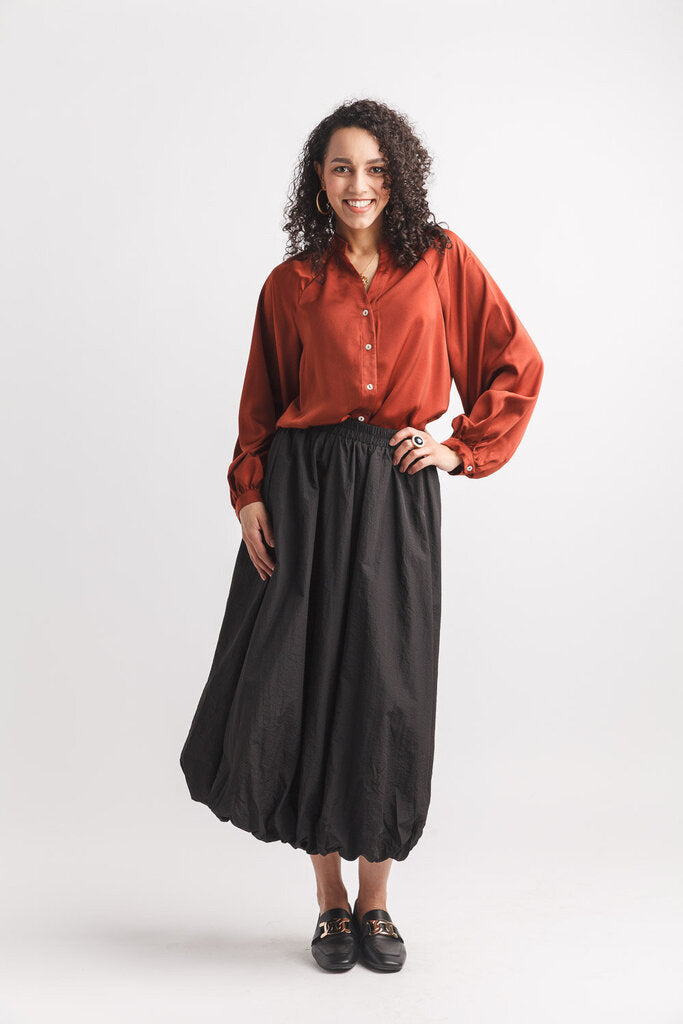 Papillon Satin Balloon Sleeve Button Front Blouse - Rust