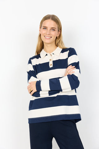 Soyaconcept 'Barni' Navy Stripe Long Sleeve Polo Shirt