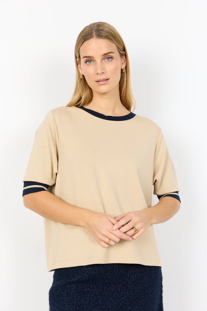 Soyaconcept 'Banu' Short Sleeve Top with Ribbed Trim - Sand