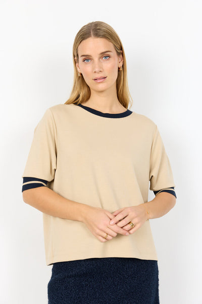 Soyaconcept 'Banu' Short Sleeve Top with Ribbed Trim - Sand