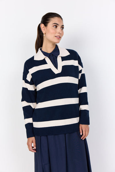 Soyaconcept 'Kanita' Navy Stripe V-Neck Knit Sweater with Collar