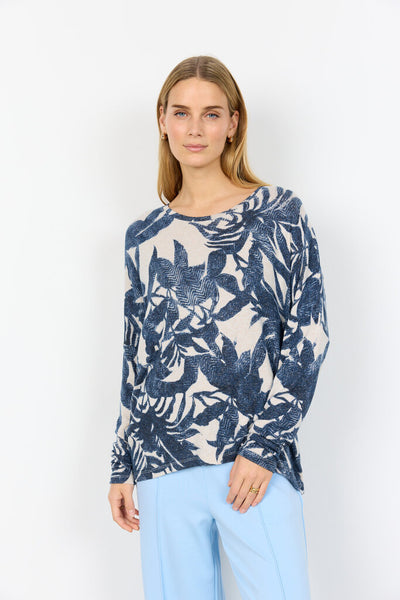 Soyaconcept 'Biara' Leaf Pattern Long Sleeve - Navy Melange