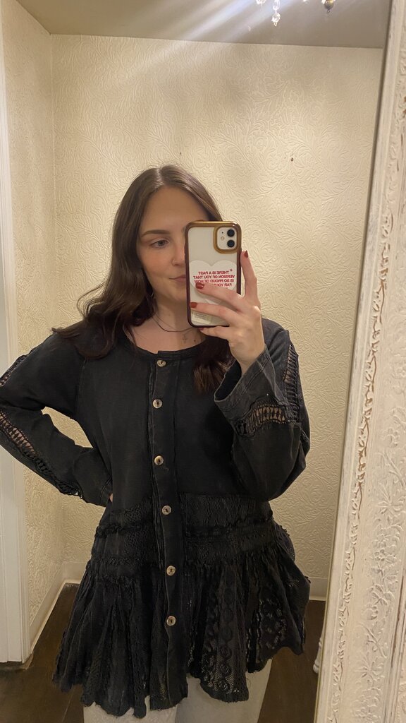 Paper Lace Washed Black Button Down Top with Lace Accent