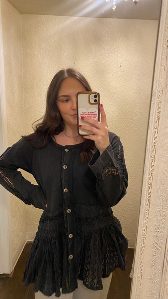 Paper Lace Washed Black Button Down Top with Lace Accent