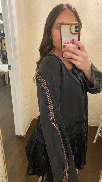 Paper Lace Washed Black Button Down Top with Lace Accent