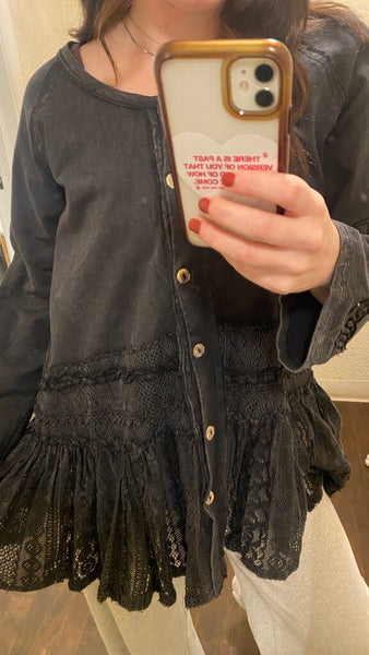 Paper Lace Washed Black Button Down Top with Lace Accent