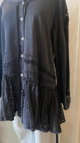 Paper Lace Washed Black Button Down Top with Lace Accent