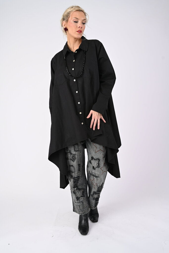 Paper Lace Black Button Down with Long Flare Hem