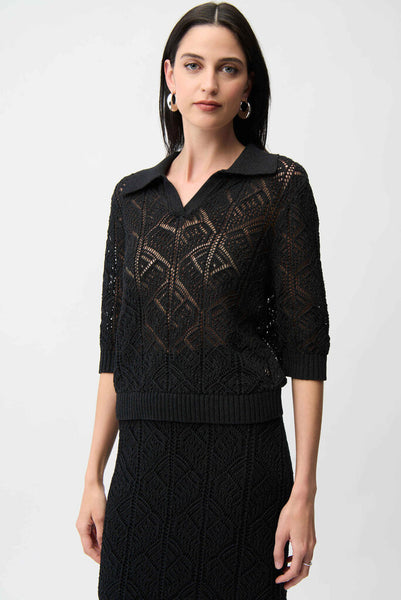 Joseph Ribkoff 261929 Open Stitch Sweater with Collar - Black