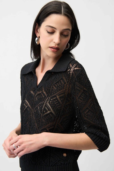 Joseph Ribkoff 261929 Open Stitch Sweater with Collar - Black