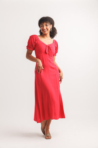Papillon V-Neck Bow Front Midi Dress - Red