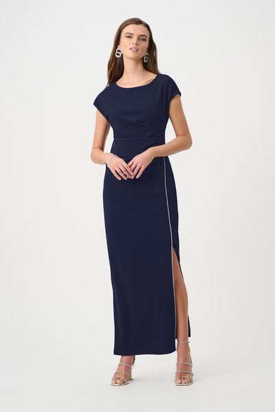 Joseph Ribkoff 261713 Scuba Crepe Sheath Gown with Rhinestone Piping - Midnight Blue