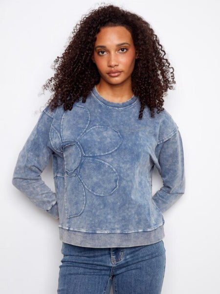 Charlie B Crewneck with Flower Appliqué - Denim
