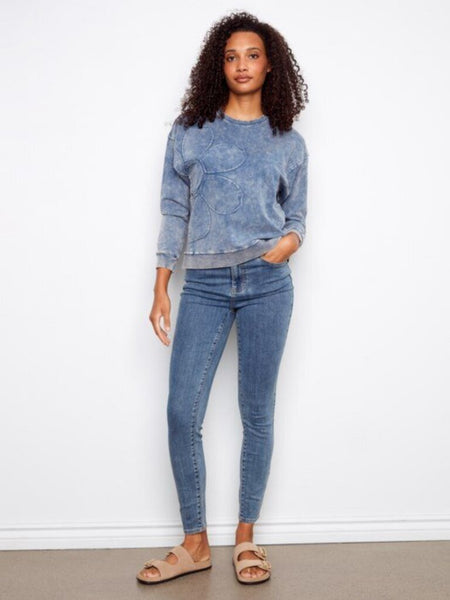 Charlie B Crewneck with Flower Appliqué - Denim