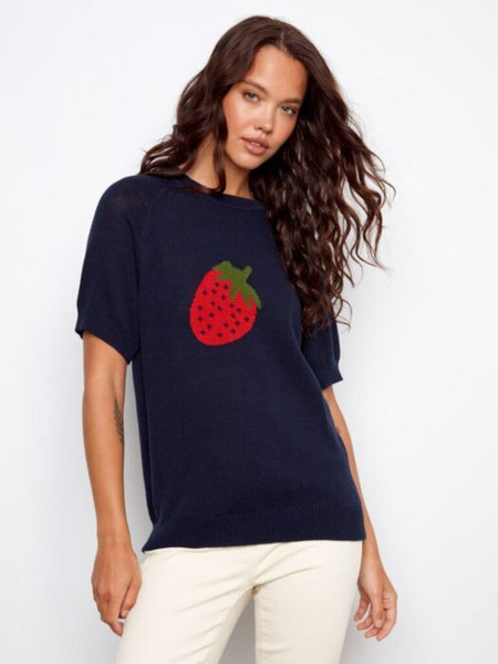 Charlie B Strawberry Short Sleeve Cotton Knit Top - Navy