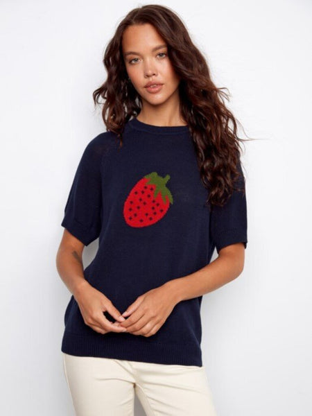 Charlie B Strawberry Short Sleeve Cotton Knit Top - Navy