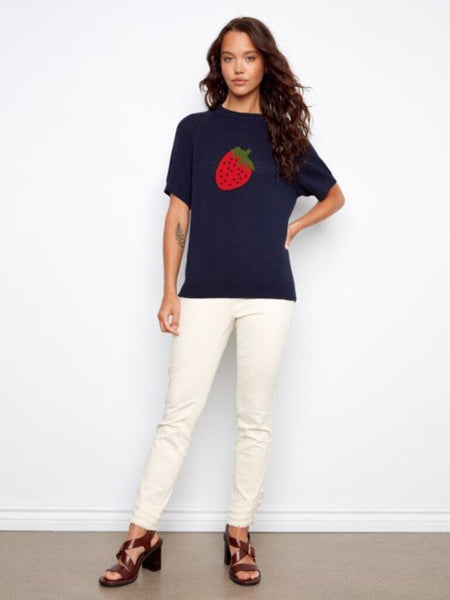 Charlie B Strawberry Short Sleeve Cotton Knit Top - Navy