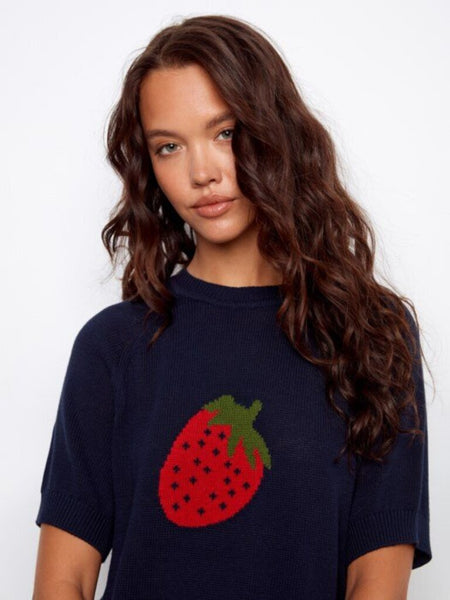 Charlie B Strawberry Short Sleeve Cotton Knit Top - Navy