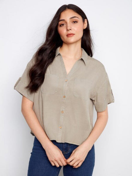 Charlie B Short Sleeve Button Front Tencel Top - Sage