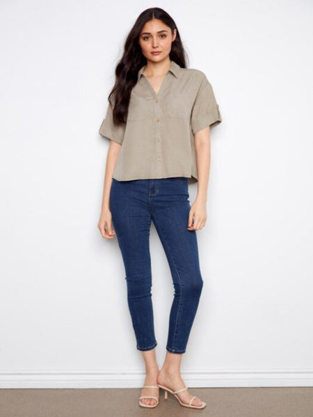 Charlie B Short Sleeve Button Front Tencel Top - Sage