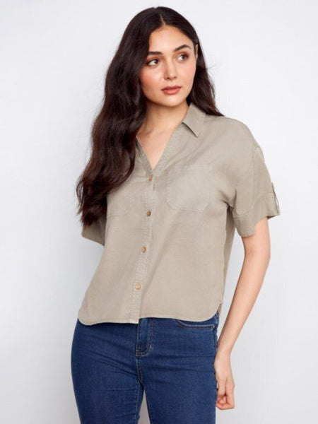 Charlie B Short Sleeve Button Front Tencel Top - Sage