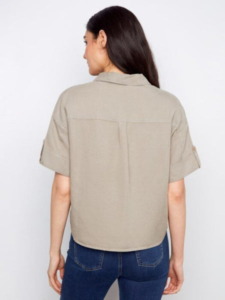 Charlie B Short Sleeve Button Front Tencel Top - Sage