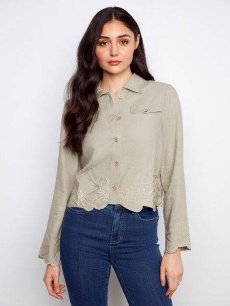 Charlie B Embroidered Short Linen Jacket - Sage