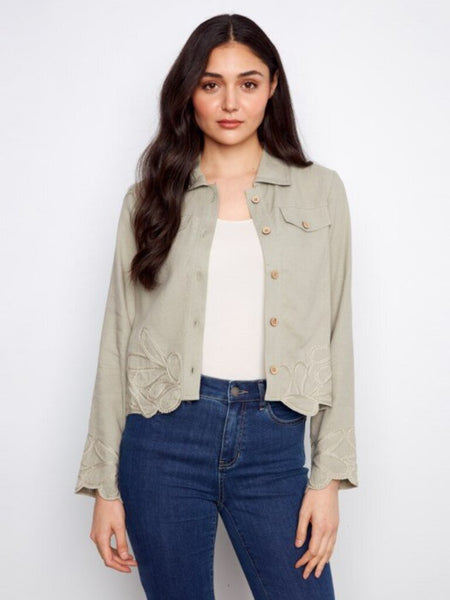 Charlie B Embroidered Short Linen Jacket - Sage
