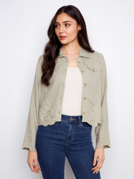 Charlie B Embroidered Short Linen Jacket - Sage