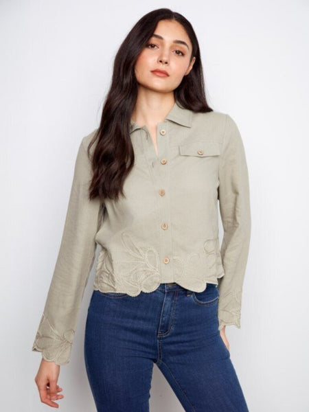 Charlie B Embroidered Short Linen Jacket - Sage