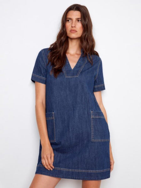 Charlie B Collared V-Neck Denim Mini Dress