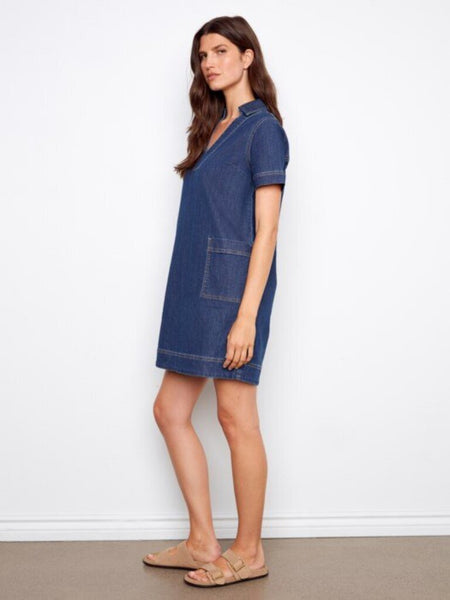 Charlie B Collared V-Neck Denim Mini Dress