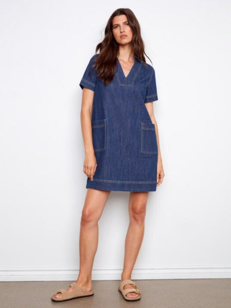 Charlie B Collared V-Neck Denim Mini Dress