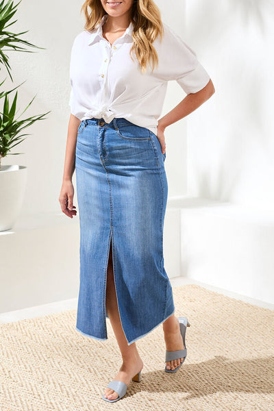 Tribal Full-Length Front Slit Denim Skirt - Fjord Blue