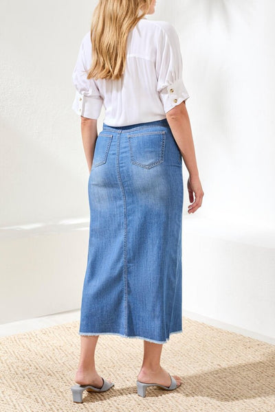 Tribal Full-Length Front Slit Denim Skirt - Fjord Blue