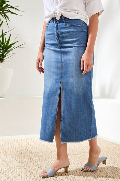 Tribal Full-Length Front Slit Denim Skirt - Fjord Blue