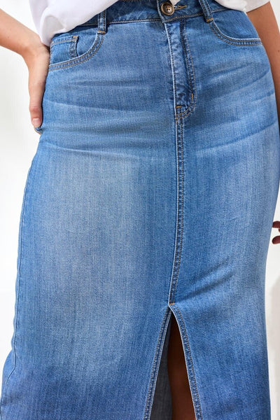 Tribal Full-Length Front Slit Denim Skirt - Fjord Blue