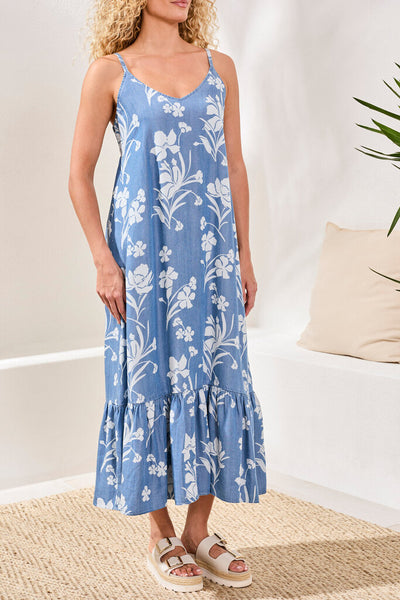 Tribal Floral Ruffle Hem Maxi Dress