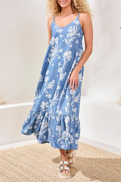 Tribal Floral Ruffle Hem Maxi Dress
