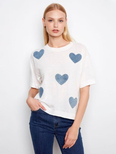 Charlie B Short Sleeve Denim Hearts Sweater - Hearts