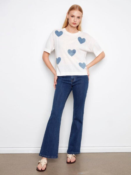 Charlie B Short Sleeve Denim Hearts Sweater - Hearts