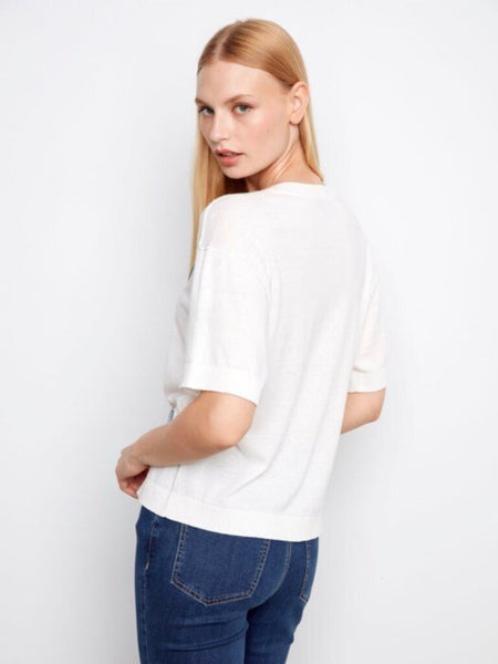 Charlie B Short Sleeve Denim Hearts Sweater - Hearts