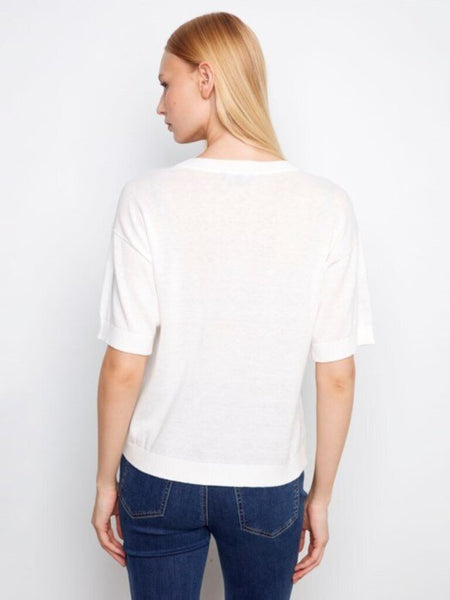 Charlie B Short Sleeve Denim Hearts Sweater - Hearts
